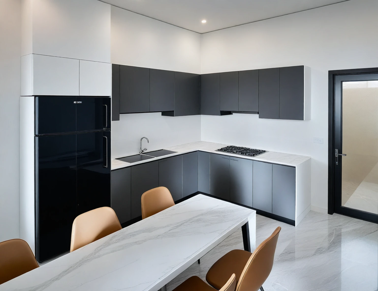 Raw photo,Masterpiece, high quality, best quality, authentic, super detail,
indoors, interior , ((kitchen and dining :1.3)), modern style, daylight, (WHITE WALL),luxury, marble tile floor, fridge, black stone counter top