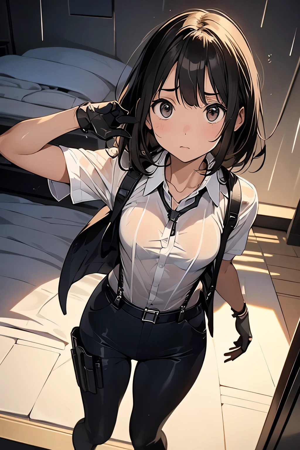 1 female, , high quality, masterpiece, Ultra-high resolution, , Cinema Lighting, , , And the suspenders with the cranes flying Large Breasts Small face holster Lying in bed Looking up Sweat belt summer 脇Sweat Black Hole Gloves suit shirt Black jacket Black trousers Leg Links ズボンにbelt holster Hands behind your back Anxious expression Looking up Anxious face, legs apart Armament Handgun handcuffs Cable ties レッグholster holster See-through clothing heavy rain Getting wet in the rain