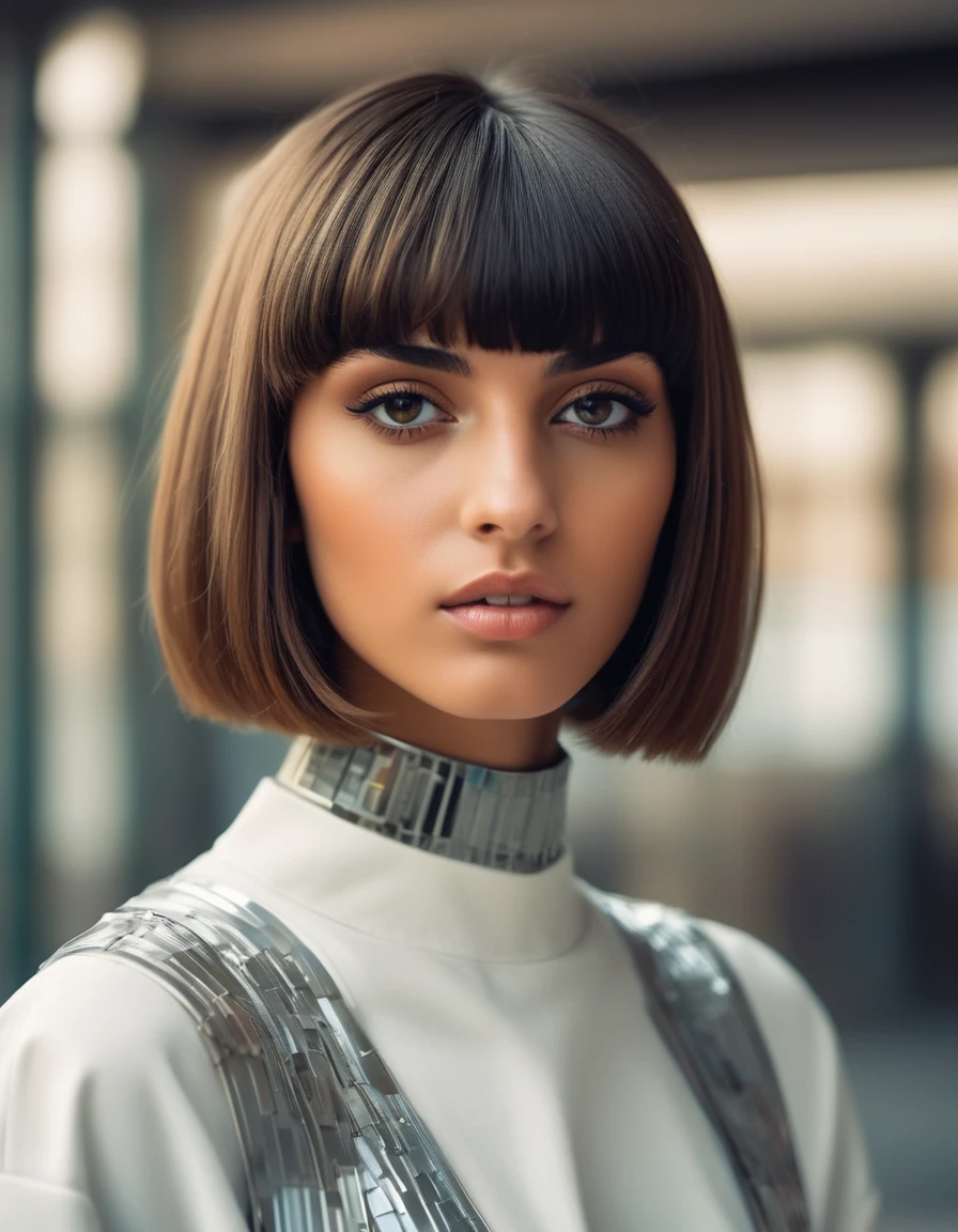 photograph, Foul Futuristic arabic Female Tanner, Visionary hair, Bowl cut hairstyle, (Wide-set eyes), near School, soft focus, Ultrarealistic, Normcore Art, film grain, Nikon Z9, F/8, four colors, [art by Léon Bakst, (art by Jarek Kubicki:0.7) :3], 
