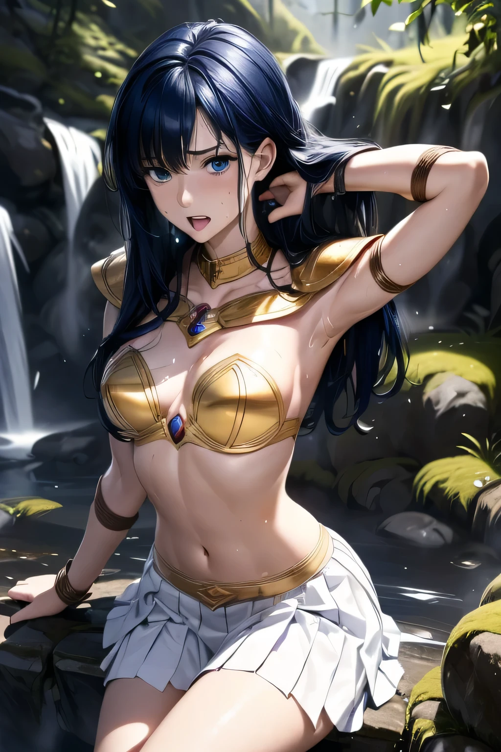 Nsfw, masterpiece, Highest quality, High resolution,4K,super detailed skin, BREAK Anime girl in white dress, Zodiac Knight Girl, portrait Zodiac Knight Girl, Anime Goddess, rogue anime girl ayanami rei,
BREAK 1 woman, 18 years old, Perfect female body, Beautiful woman, elegant mature woman, Beautiful Eyes,
BREAK ((flat chest)), slender body,
BREAK chain, shackles, bondage, torture, the dungeon, captivity, slave,
BREAK (((bdsm))), overhead shot, ((((arched back)))), ((((rope bound the chest)))),
((((rope bound the lower part of the chest)))), (((rope tying the upper body))), (((Her wrists are wrapped with rope)))
BREAK armor knight, (((gold metal breastplate))), gold armor with very fine and intricate decoration, (((crop top navel))), strapless dress, bare shoulders, ((Cleavage)), bare back, bare arms, ((gold armor knee-high boots)), (gold metal high heel boots), ((thighhighs)), Gold metal armlet, Gold metal choker, Princess Blade, (((((white pleated skirt))))), medium skirt, (((see-through pleated skirt))), wet clothes, (dripping),white panties, crotch seam, ((longsword)),
BREAK (((dark blue hair))), long hair, silky hair, shining hair, straight hair, swept-side bangs, ((forehead)),wet Hair,
BREAK (dark blue eyes),
BREAK (wet face), breath, ((steam)), drooling
BREAK (((oily skin))), ((gleaming skin)), ((sweat skin)), ((wet skin)), fog skin, ((wet skin with sweat)), (((sweatdrop))),
BREAK fine eyes、puffy eyes, (((open mouth))), (((squinting))), saliva, (((wet face))), (((steam))), looking at viewer,
BREAK ((gleaming skin)), wet, ((sweat skin)), wet skin, fog skin, ((((wet skin with sweat)))),
BREAK ((((inside)))), (((torture chamber))), (((midnight))), (((spotlight))),
BREAK plain wall, (best quality,4k,8k,highres,masterpiece:1.2),ultra-detailed,(realistic,photorealistic,photo-realistic:1.37),digital painting, oil painting, extremely detailed, hyperrealistic, natural lighting, dramatic lighting, warm color palette,