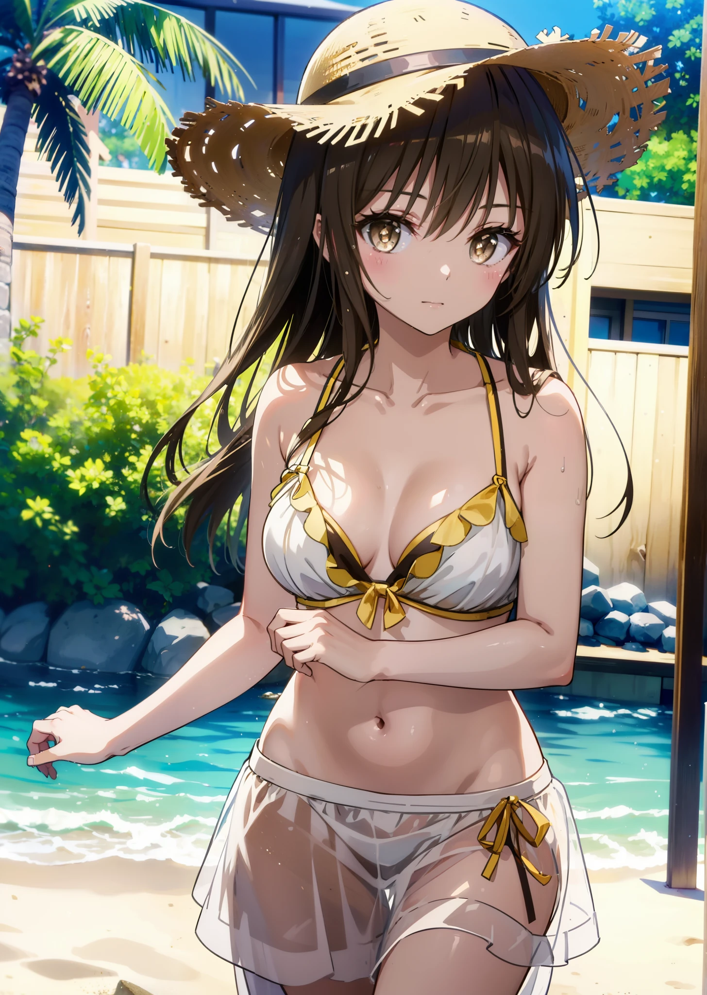 Yuikotegawa, yui kotegawa, Black Hair, (Brown eyes:1.5), Long Hair,Big Breasts,clavicle,smile,Straw hat,Bikini Swimwear,A thin long skirt is wrapped around her waist,Belly button,abdomen, Dancer, gold belly Dancer,whole bodyがイラストに入るように,Strolling on the sandy beach,
break outdoors, Beach,
break looking at viewer, whole body,(Cowboy Shot:1. 5)
break (masterpiece:1.2), Highest quality, High resolution, unity 8k wallpaper,, (shape:0.8), (Beautiful attention to detail:1.6), Highly detailed face, Perfect lighting, Extremely detailed CG, (Perfect hands, Perfect Anatomy),