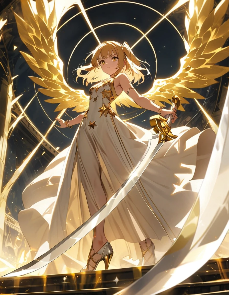 goddess(gold short hair, side-up hair, golden eyes, one-piece long dress, white high heels, golden wings, star-motif bracelet), bottom view, have 1 sword(white large-long blade, golden grip)