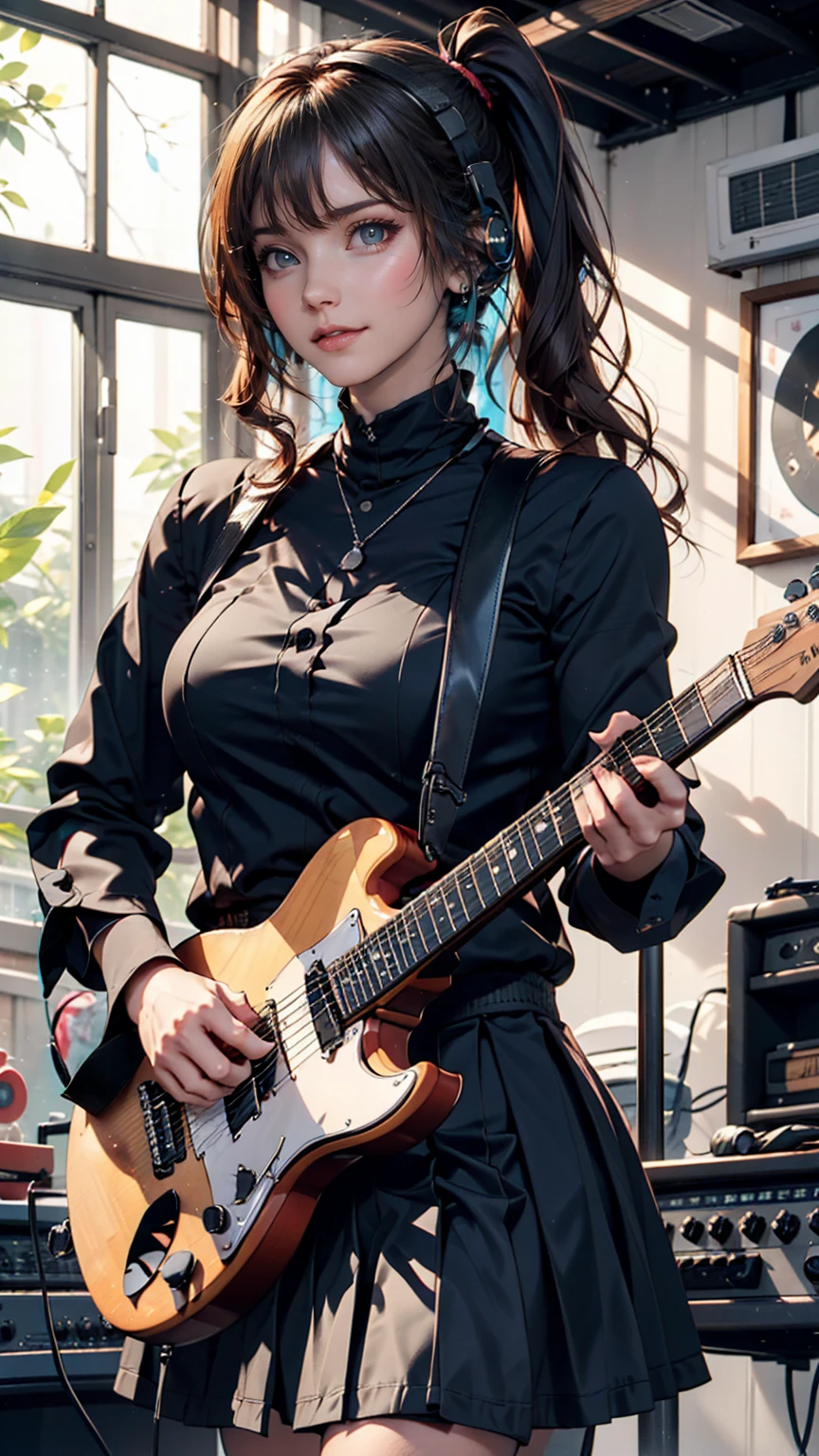 ((masterpiece, Highest quality))One girl, alone, Black Dress, blue eyes, electric guitar, guitar, Headphones, Double Ponytail, Holding, Holding plectrum, musical instrument, Long Hair, music, One side up, Turquoise Hair, Twin tails, guitarを弾く, Pleated skirt, Black Shirt, interior