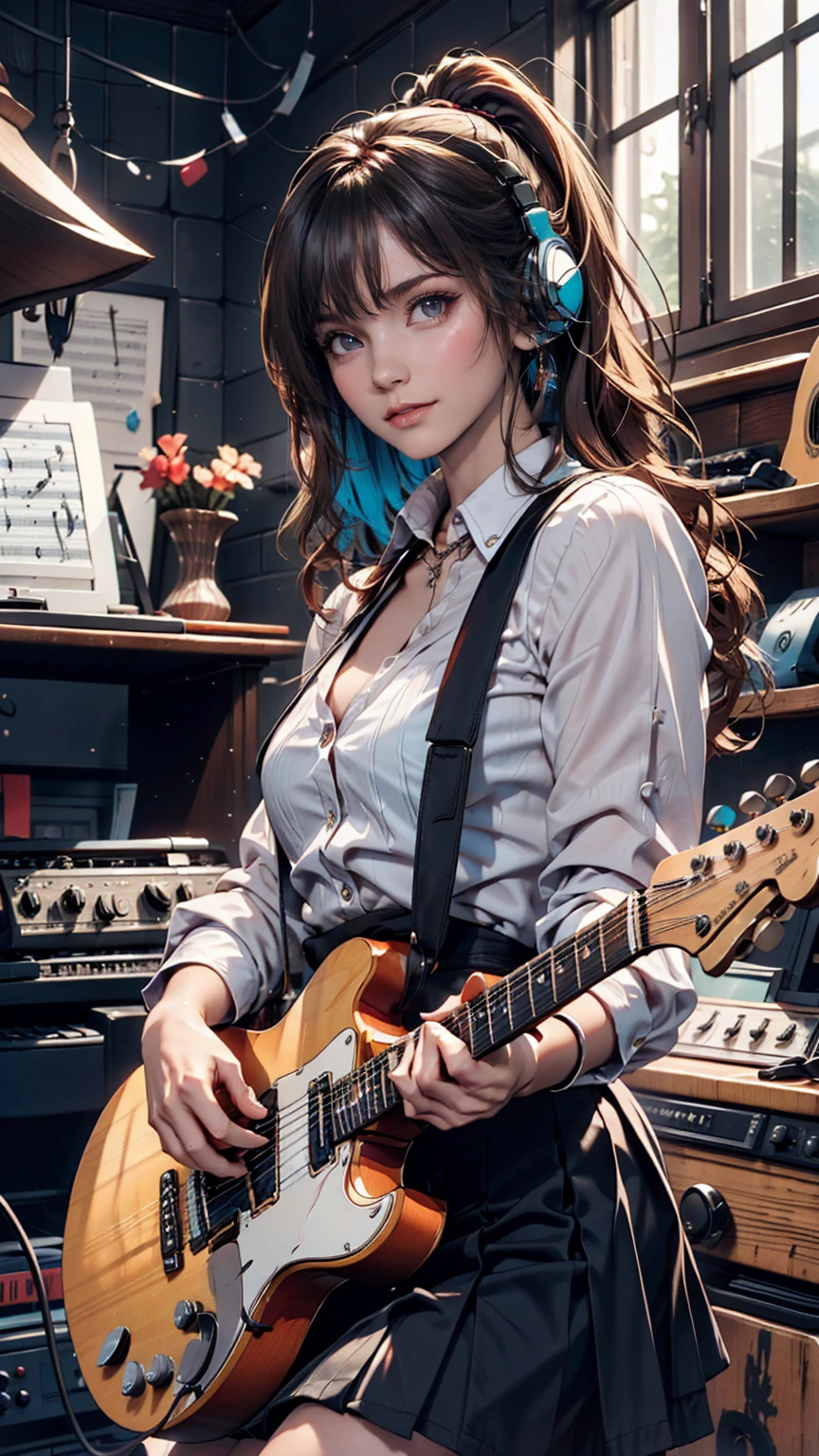 ((masterpiece, Highest quality))One girl, alone, Black Dress, blue eyes, electric guitar, guitar, Headphones, Double Ponytail, Holding, Holding plectrum, musical instrument, Long Hair, music, One side up, Turquoise Hair, Twin tails, guitarを弾く, Pleated skirt, Black Shirt, interior