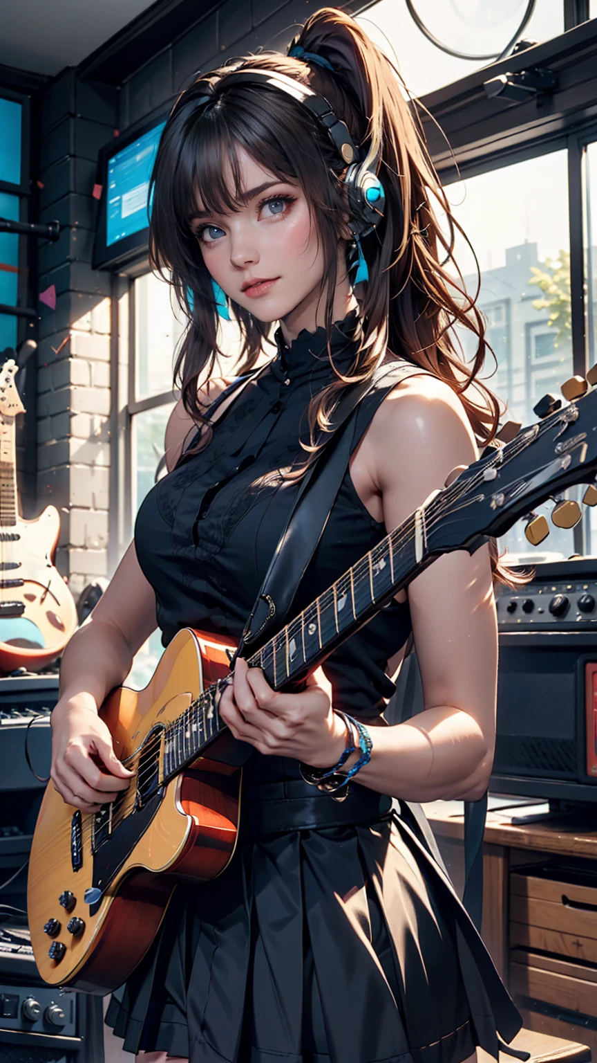((masterpiece, Highest quality))One girl, alone, Black Dress, blue eyes, electric guitar, guitar, Headphones, Double Ponytail, Holding, Holding plectrum, musical instrument, Long Hair, music, One side up, Turquoise Hair, Twin tails, guitarを弾く, Pleated skirt, Black Shirt, interior