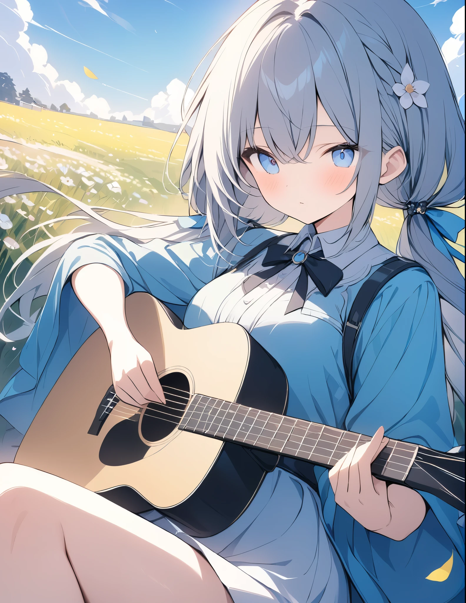 (uhd), (masterpiece:1.2), best quality, highres, award winning, high details,(Very absurd:1.2),4K quality,8K quality,Beautiful work、A girl playing guitar and singing in the grass、Sitting、The sky is blue and the flower fields and grasslands are impressive.,My hair is blowing in the wind、Petals scattered here and there、low twintails、hair ornaments、Light production、Beautiful effects、Petals flutter