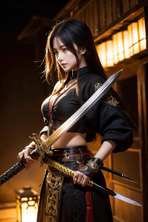 Highest quality、High resolution、Very detailed、Detailed Background、A beautiful 27 year old woman、Warrior、dragon tattoo on arm、Japanese swordMasamune Meiji、(Blade length: 2 feet 4 inches、Handle length 25cm、The part is woven with red and black threads..、The swallow is golden)、Japanese sword、Sharp eyes、enemy'Blood is flowing to my cheeks、In the woods、Armor and helmet from the Sengoku period of Japan、(Takeda Shingen)(Red and gold armor)、blonde、short hair、Realistic Face、Swing your sword down、Delicate eyes、Laugh a little、Like a fight scene in a live-action movie、More realistic battle scenes、On the cheeks、enemyWarriorの返り血、Burning castle in the background、Sparks fly、Japanese sword(Masamune Meiji)Hold with both hands、Sword Drawing Technique(Japanese sword)、Armored warrior、