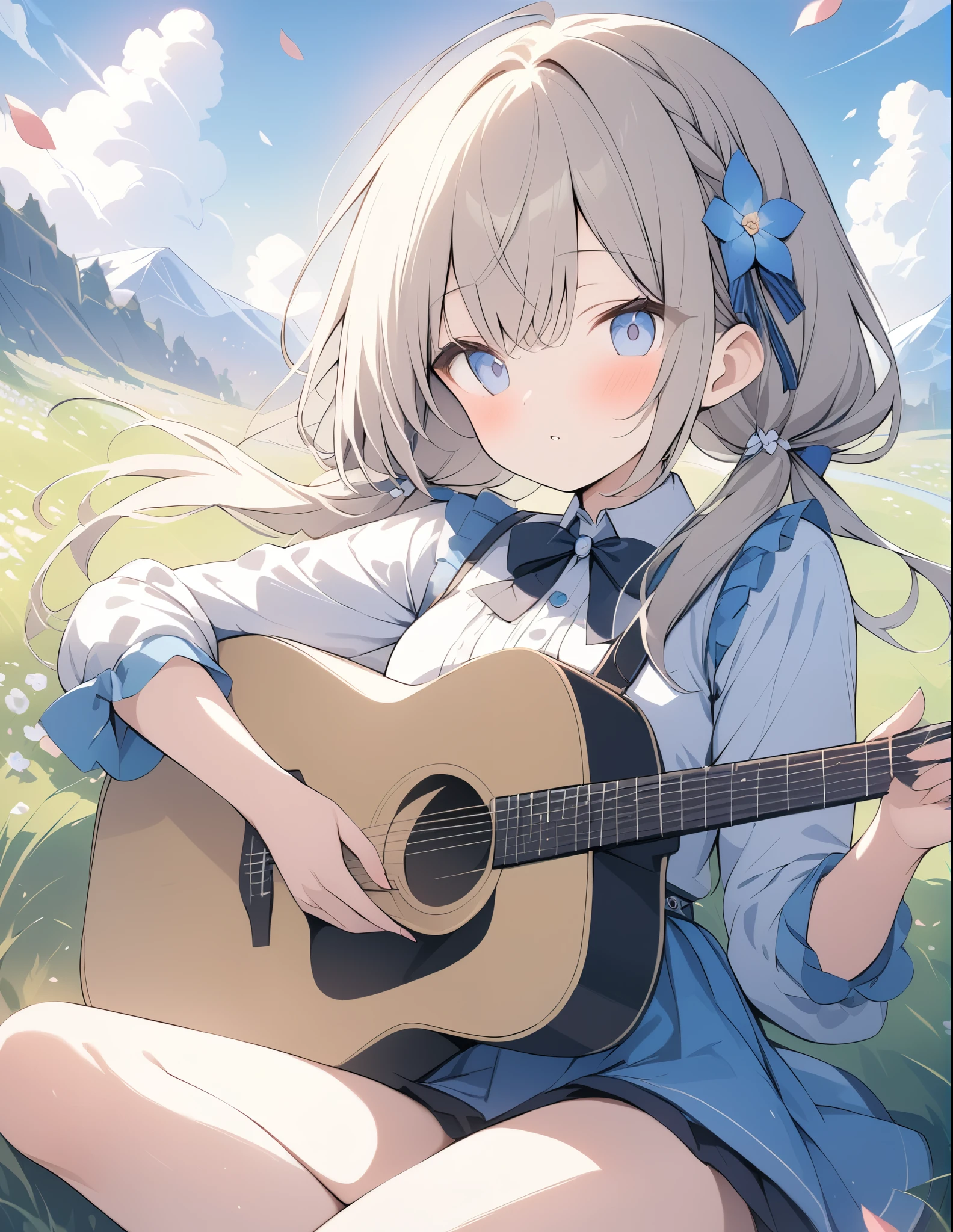 (uhd), (masterpiece:1.2), best quality, highres, award winning, high details,(Very absurd:1.2),4K quality,8K quality,Beautiful work、A girl playing guitar and singing in the grass、Sitting、The sky is blue and the flower fields and grasslands are impressive.,My hair is blowing in the wind、Petals scattered here and there、low twintails、hair ornaments、Light production、Beautiful effects、Petals flutter