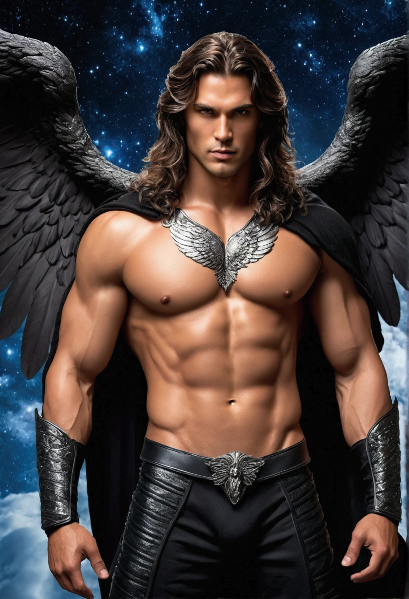 realistic dark angel masculine and rustic man with strong chest with hair with a sexy body, only with a small black fabric and underwear covering his genitals, making the thick shape of his very sexy dick visible, warrior armor with long hair, mouth sexy sexy look penetrating open wings full black realistic long and open floating over the starry sky frame the entire body and wings in the image