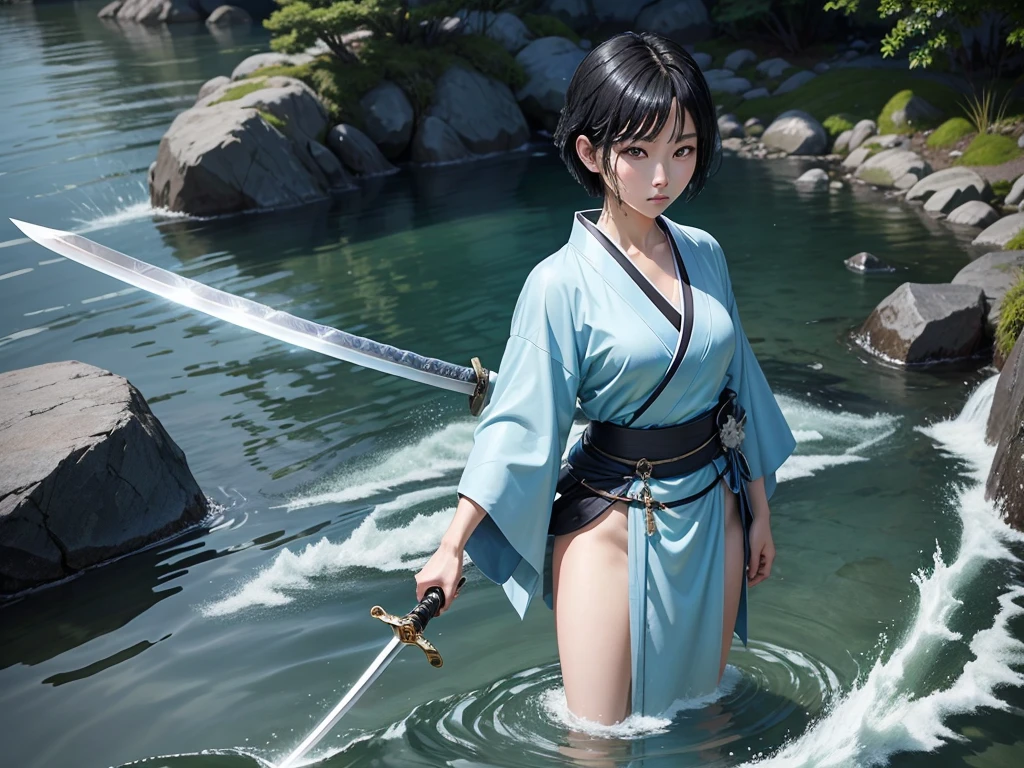 Black Hair、Short Hair、Light blue kimono、sword士、sword、swordに水が纏う、Water Magic、Water Flow Slash、