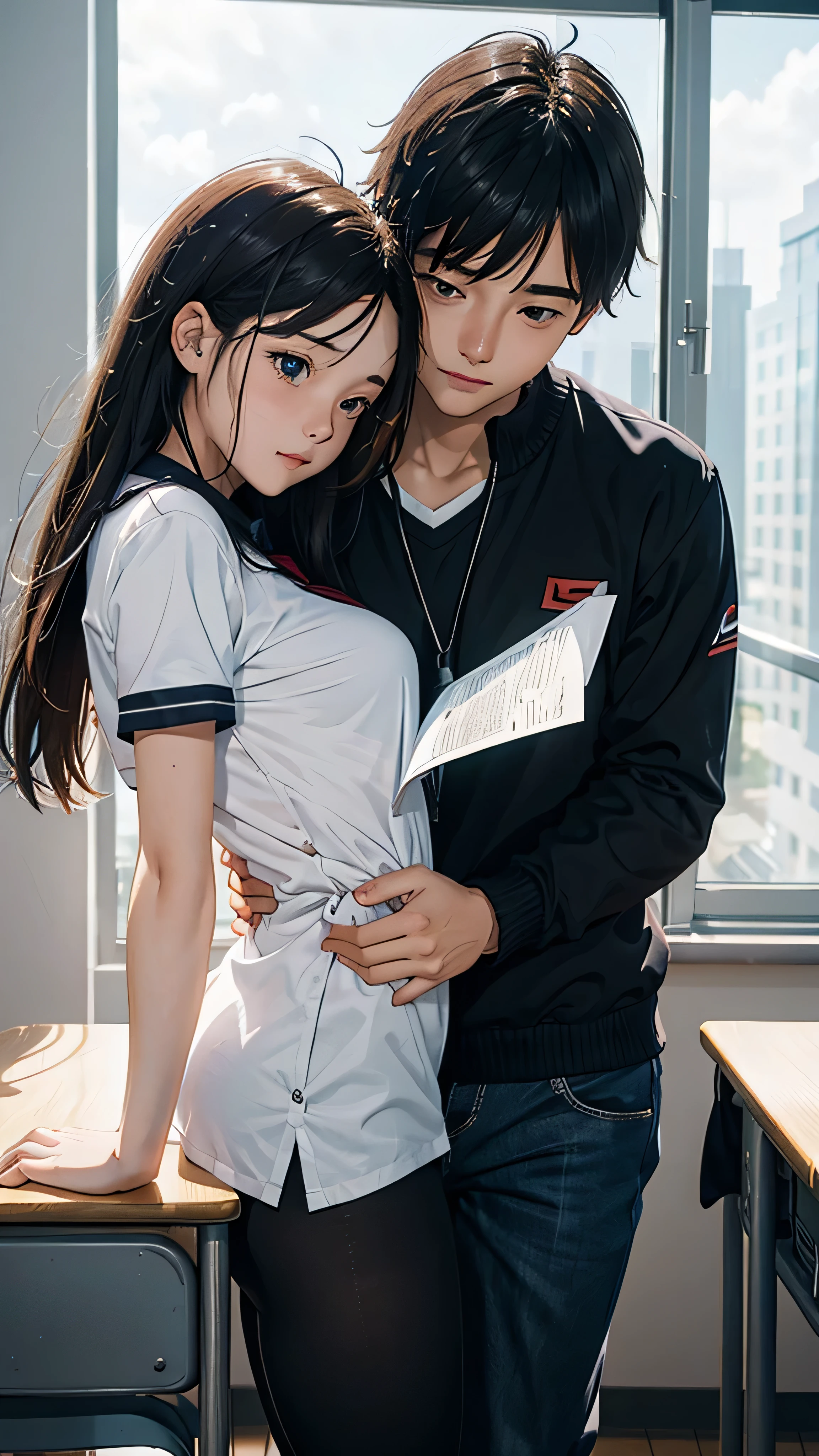 a young couple in a school classroom, girl wearing tight clothes he studying at a desk, morning sunlight streaming through windows,