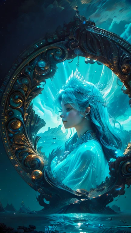 (RAW shooting:1.5, realistic:1.5, 8k), (highest quality, masterpiece, ultra high resolution), bright, perfect dynamic composition, Highly detailed skin and facial textures:1.3,Create a digital artwork titled "Eternal Serenity" that captures a breathtaking, surreal underwater world. Imagine an expansive underwater landscape illuminated by the gentle, ethereal glow of bioluminescent marine life. The scene should feature an ancient, majestic sunken city with intricate, overgrown ruins, evoking a sense of timeless mystery and wonder.
In the foreground, depict a graceful mermaid queen adorned with delicate, shimmering scales and flowing, iridescent hair. She holds a trident encrusted with precious gems, symbolizing her reign over this underwater kingdom. Surround her with a diverse array of fantastical sea creatures, from luminous jellyfish to vibrant schools of exotic fish, each contributing to the otherworldly ambiance.
The background should transition into the deep ocean, with beams of sunlight piercing through the water, creating a mesmerizing interplay of light and shadow. Incorporate elements like ancient, coral-covered statues and treasure chests, hinting at the rich history and untold stories buried within this underwater paradise.