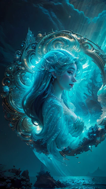 (RAW shooting:1.5, realistic:1.5, 8k), (highest quality, masterpiece, ultra high resolution), bright, perfect dynamic composition, Highly detailed skin and facial textures:1.3,Create a digital artwork titled "Eternal Serenity" that captures a breathtaking, surreal underwater world. Imagine an expansive underwater landscape illuminated by the gentle, ethereal glow of bioluminescent marine life. The scene should feature an ancient, majestic sunken city with intricate, overgrown ruins, evoking a sense of timeless mystery and wonder.
In the foreground, depict a graceful mermaid queen adorned with delicate, shimmering scales and flowing, iridescent hair. She holds a trident encrusted with precious gems, symbolizing her reign over this underwater kingdom. Surround her with a diverse array of fantastical sea creatures, from luminous jellyfish to vibrant schools of exotic fish, each contributing to the otherworldly ambiance.
The background should transition into the deep ocean, with beams of sunlight piercing through the water, creating a mesmerizing interplay of light and shadow. Incorporate elements like ancient, coral-covered statues and treasure chests, hinting at the rich history and untold stories buried within this underwater paradise.