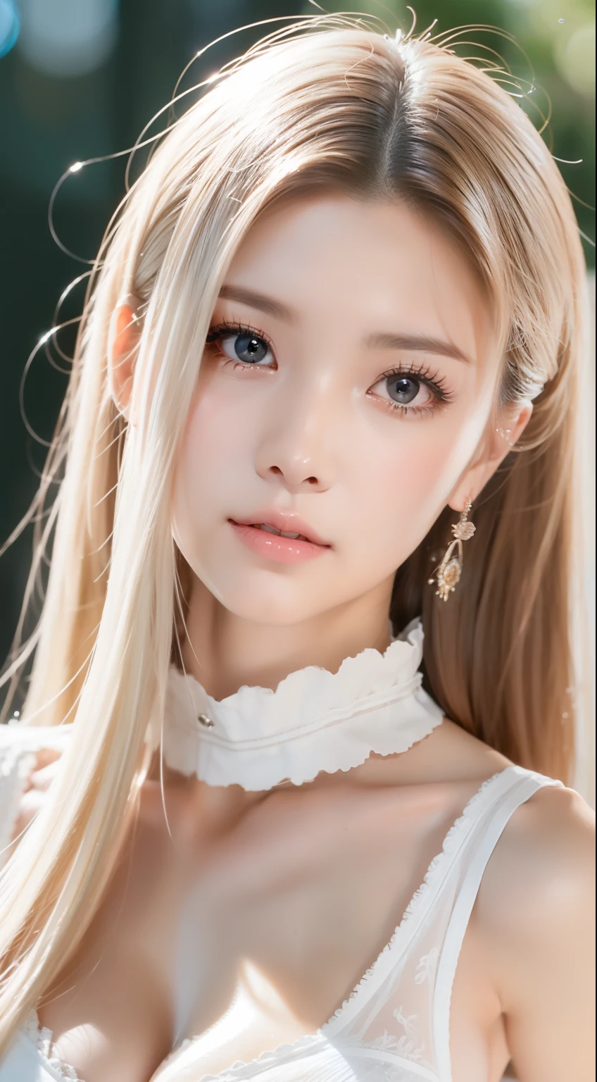 Beautiful woman with perfect figure：1.4、Layered Hairstyles、Protruding cleavage、Two-dimensional clothing：1.5、Highly detailed face and skin texture、double eyelid、Whitening the skin、Long white hair、Repelling water、collar