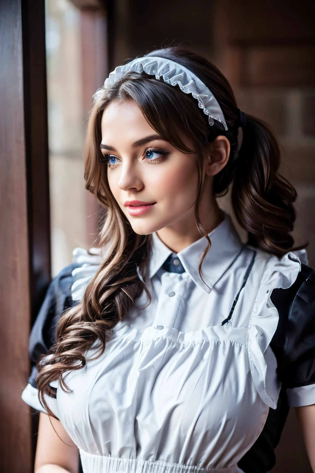 8K, Best Quality, 1girl, (skindentation), Night, (Dark), outdoor, Gorgeous,, (Clothing maid uniform:1.3),Soft Lighting, Attractive, on the bathroom , (Mouth Closed:1.2, Beautiful Eyes, Detailed Eyes, Detailed Iris, Beautiful Lips, Beautiful Nose, Beautiful Face), upper body, hands on hips, front view, melissa sue anderson, perfect body, escultural body. large breast, ponytail
