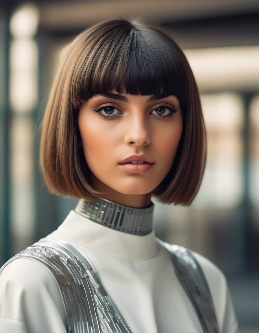 photograph, Foul Futuristic arabic Female Tanner, Visionary hair, Bowl cut hairstyle, Wide-set eyes, near School, soft focus, Ultrarealistic, Normcore Art, film grain, Nikon Z9, F/8, four colors, [art by Léon Bakst, (art by Jarek Kubicki:0.7) :3], 