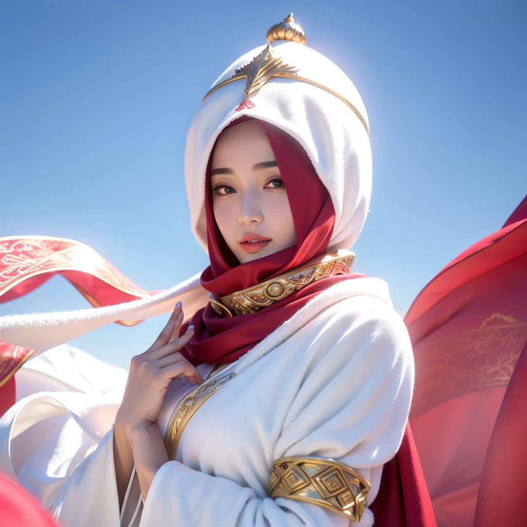 arafed woman in a white and gold dress and a red scarf, beautiful oriental woman, white hijab, wonderful, wearing a luxurious silk cloak, portrait shot, traditional beauty, captured on canon eos r 6, arabian beauty, beautiful arab woman, gorgeous lady, dilraba dilmurat, flowing golden scarf, hijab, ao dai, beautiful asian girl, fanart