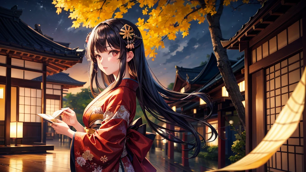 One girl, Long black hair, Brown eyes, Wearing a beautiful Japanese kimono, Gingko tree, Japanese Festivals,night,High resolution, Super sharp, 8k, masterpiece, View your viewers