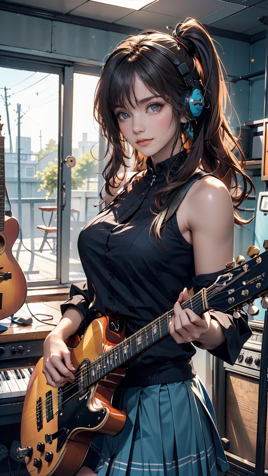 ((masterpiece, Highest quality))One girl, alone, Black Dress, blue eyes, electric guitar, guitar, Headphones, Double Ponytail, Holding, Holding plectrum, musical instrument, Long Hair, music, One side up, Turquoise Hair, Twin tails, guitarを弾く, Pleated skirt, Black Shirt, interior