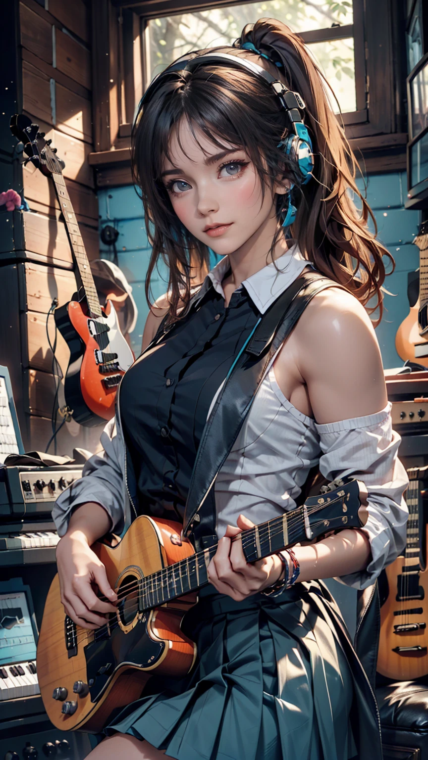 ((masterpiece, Highest quality))One girl, alone, Black Dress, blue eyes, electric guitar, guitar, Headphones, Double Ponytail, Holding, Holding plectrum, musical instrument, Long Hair, music, One side up, Turquoise Hair, Twin tails, guitarを弾く, Pleated skirt, Black Shirt, interior  