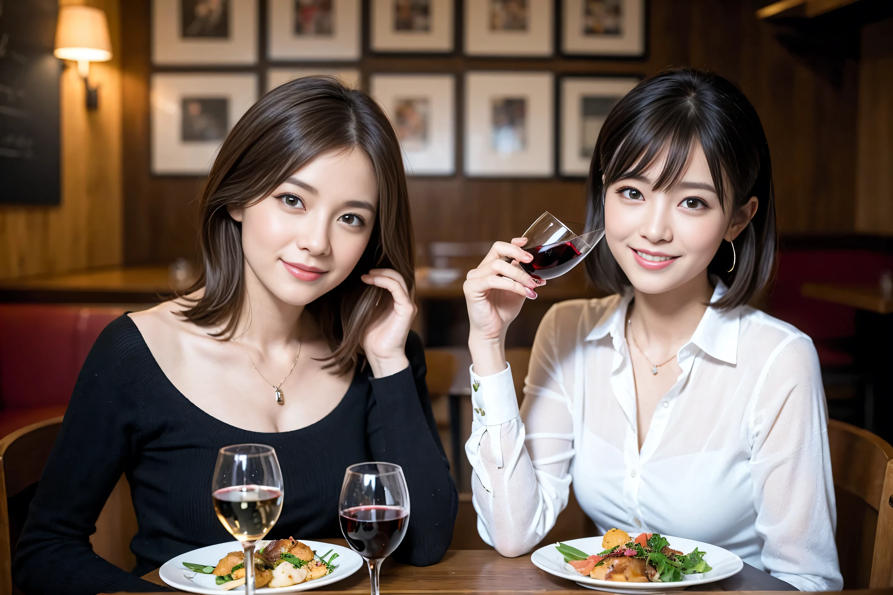 ((Highest quality、8k、masterpiece:1.3))、Slim couple、Model Couple、(Realistic, Intricate details:1.2), full-course dinner、Wine Party、Amazing view of the sunset sky and clouds、A bright smile、The wonderfulness of smile、Bright image、The beauty of wine, Beautiful Face, Blue eyes, The light shines on your face, blush, short hair,Bright Face、 (Age 37), 39 years old, red wine 、Appetizers、Italian food、Wine bottle、Champagne、sparkling wine、Two beauties、Brown Hair、Shortcuts、Long sleeve shirt、dress、Beautiful woman 1, (Slim face), (The body is slim), (Brown Hair), (Shortcuts), cheeks turn a little red,Attractive beauty、restaurant, In a prominent place (From the waist up) Nova Frog Style, actress, model, Upper Body, White wine, slim, wine glass, A wine glass placed in the center, smile, (smile: 1.15), Beautiful fine grain, Depth f/2,saturation, High Contrast, Strong light and shadow,Moist Body:1.5、3D texture、Delicate eyes、Brown Hair、The hair is very shiny、