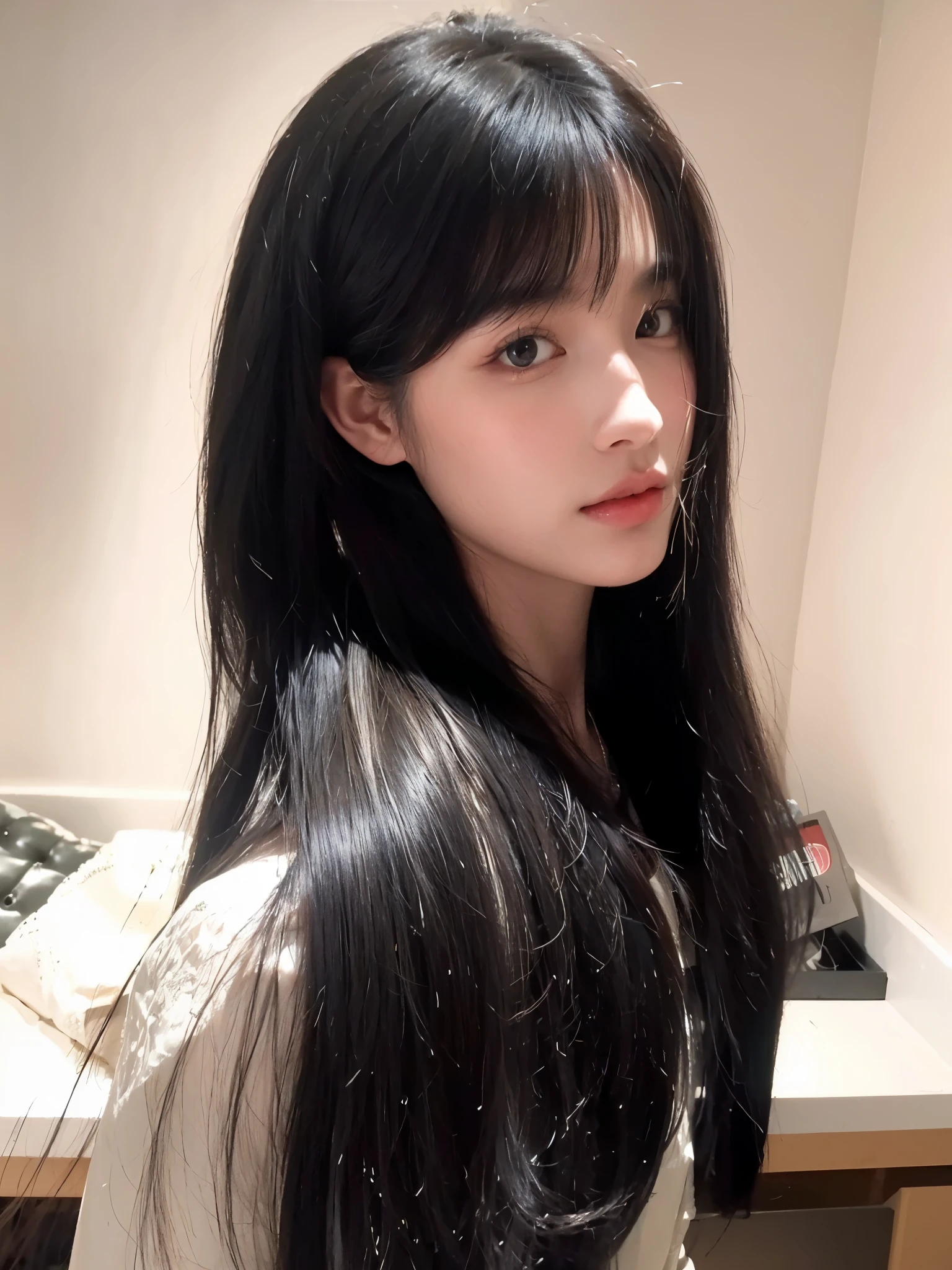 Black beauty with long straight hair,Natural and beautiful hair,Background solid color wall,Overall good looking and comfortable