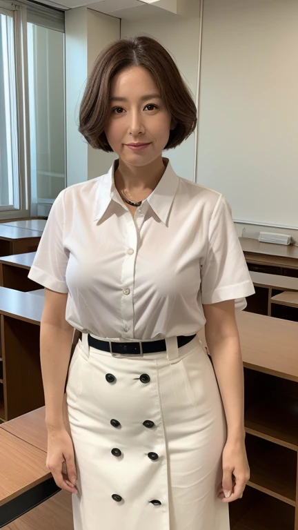 High resolution, High-level image quality, High definition, masterpiece, 8k, Anatomically correct, Professional Lighting, sharp,
Next to a desk in a school classroom,
((Japanese Mature, 90 years old)), One person,, Shapely big breasts, Soft, light brown hair with a straight perm that reaches down to the shoulders, Chubby body type, Mouth closed and serious face,
(((Standing upright and looking at the viewer))),
(White shirt with transparent collar and buttons for summer, White Skirt, ),
Beautiful shins, ((Composition from knee to head))