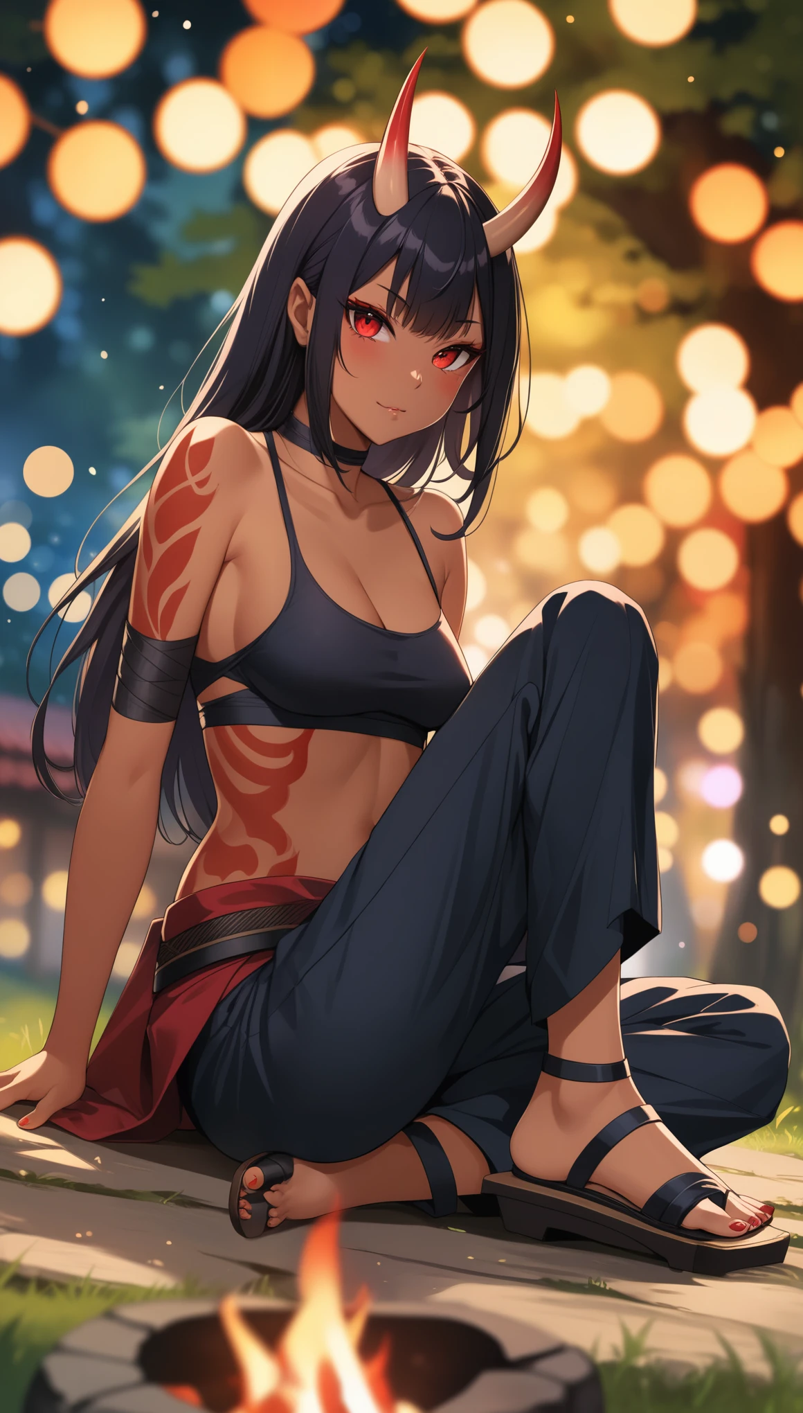 (1girl, solo, 8K, RAW, best quality, masterpiece, ultra high res, colorful, (medium wide shot), (dynamic perspective), sharp focus , (depth of field, bokeh:1.3), extremely detailed eyes and face, beautiful detailed eyes, (Oni, demon, oni horns, tanned skin, red skin, slander tail), (wide samurai pants, geta footwear, black tight crop top, breasts bandage), medium breasts, sits across-legged, hands on knees,
near campfire, lean back to tree, looking at viewer, facing viewer, right side view, forest background, dark forest, night time