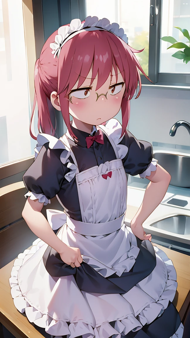 Kobayashi, (Busto talla muy muy pequeña.)),  (pecho plano:1.2), Posando avergonzada, Cute Maid Dress, showing her panties, blushing, frown, bothers, looking away