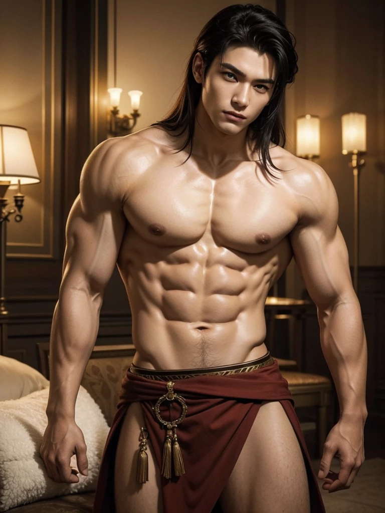 1 Handsome chinese slim guy fucking, having sex, full naked , 20 years old, Hair combed smoothly, wear spartan costume, chiaroscuro technique on sensual illustration of an masculine, handsome Roman, he is the god of war, he is Ares, Mars, evil-looking, strong look, light blue eyes, strong jawline, dressed as a gladiator, ancient gladiator, male gladiator skirt, matte painting, by Harumi Hironaka, extremely soft colors, vibrant, pastel, highly detailed, digital artwork, high contrast, golden dramatic, refined, tonal, an intimate, seductive studio setting with a focus on sensuality and romance. Utilize soft, warm lighting that bathes the space in a gentle, inviting glow. Incorporate luxurious fabrics, plush furnishings, and a touch of decadence to evoke an opulent ambiance. The scene should exude an air of serenity and anticipation, inviting the viewer into a sensual and romantic space