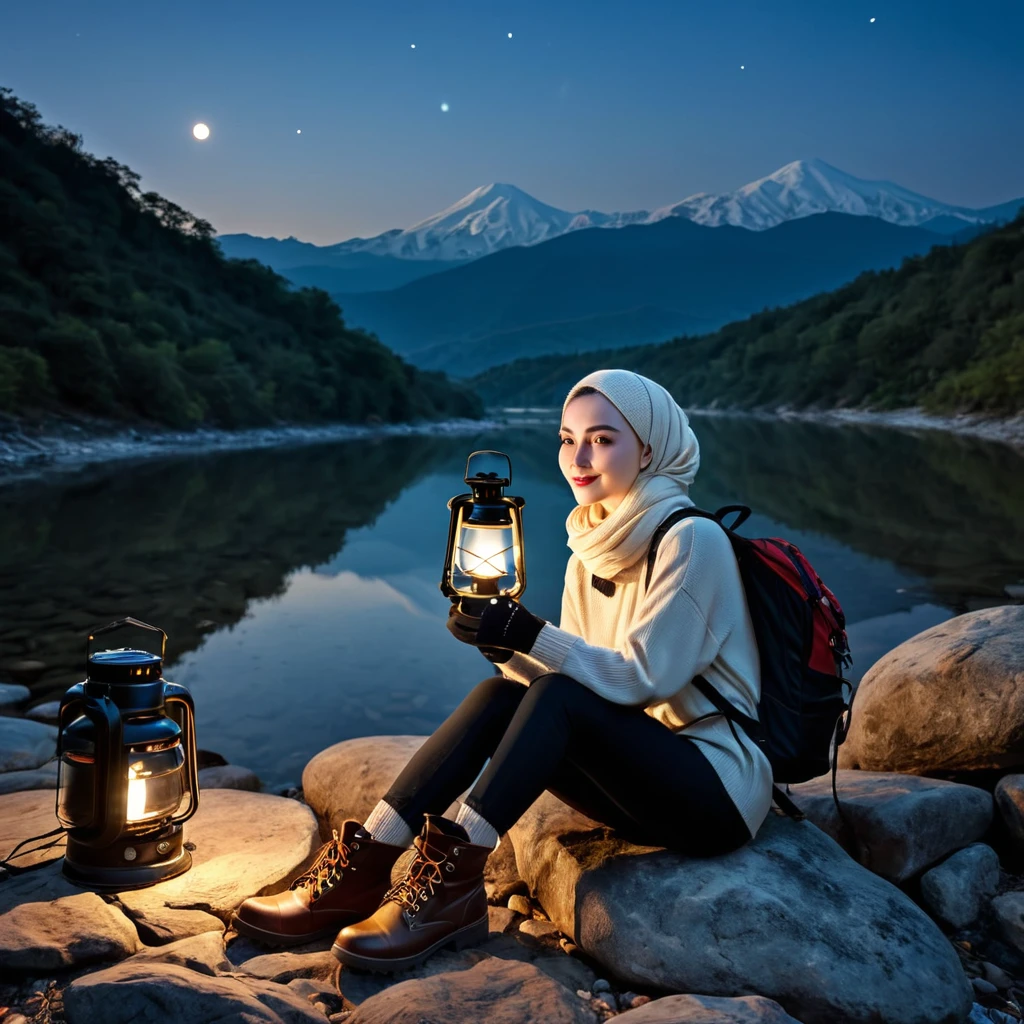 Masterpiece , Realistic,32K, high resolution , a turkish girl hjab,pale skin,fair skin,perfect skin,perfect face,ultra delicate photo,double eyelids, sitting ,((upper body selfie)), best quality, ultra-detailed, ground, outdoor, (at night), mountains, nature, (stars, moon) cheerful, happy, backpack, bag sleeping, camping stove, water bottle, mountain boots, gloves, sweater, lantern,darkness, forest, stones, river, wood, smoke, shadows, contrast, clear sky, style, (warm hue, warm tone)