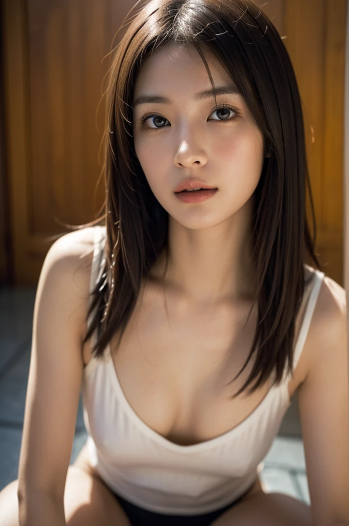 (masterpiece:1.2), Very detailed, Ultra-high resolution, (Realistic, photo Realistic:1.37), High-resolution RAW color photos, Professional photos, Very detailed顔, Very beautiful eyes, Very detailed肌, very thin fingers, Very detailed鼻, Very detailed口, Perfect , Very detailed背景, 1 female, 30-year-old woman, Japanese women, (Tilt：Weight 1.0), (Flat :1.3), Browsing Caution, (Medium Hair, Straight hair, bangs:1.3, Brown Hair), , (A face waiting for a kiss, perspective, Open your mouth, throw), Cowgirl, Spread your legs, On the floor, From below:1.3, Looking at the audience