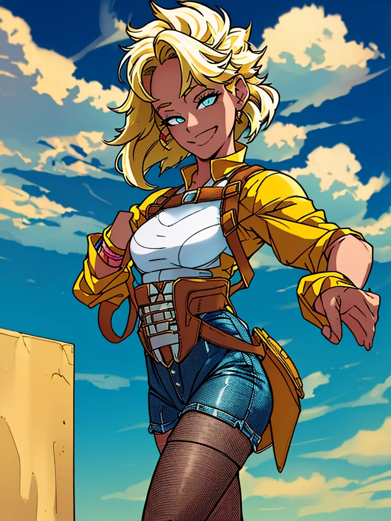 Just one girl,white skin,(glow up),Best quality, 4k, high resolution, body stuck dress, perfect smile, gorgeous, light skin, ahegao face, black eyes,(beautiful eyes),detail eyes, realastic eyes,  long hair , blonde hair (hair colour is blonde) ,straight hair, pony tail hair, wearing a short yellow tee  (top is yellow colour) and wearing short jean, short jean),and wearing skinny stalking pantyhose(fishnet stalking pantyhose), wearing leg harness (thigh harness),  clothes are stuck in body, bodyfit outfit,1 girl, solo, seductive look, elegance and charm, (masterpiece, best quality, high resolution), looking at the viewer, standing, (intricate and beautiful:1.2), (detailed light:1.2), (soft light, side light), (high resolution textures) , outdoor, white skin girl ,outdoor background, sun light, attractive, sexy, mature and hot, young,(masterpiece:1.3), (disorganized:1.3), (highest quality:1.3), perfect anatomy, detailed face, front view, perfect right hands, looking at viewer, (Super detailed:1.3), (best shadow:0.7), (treated hair), fine eyes, beautiful eyes, young aged woman, alone, standing, crystal earrings,closed_mouth, , outdoors, arrogant face, small ,outfit detail,
Correct outfut details,thick thighs,