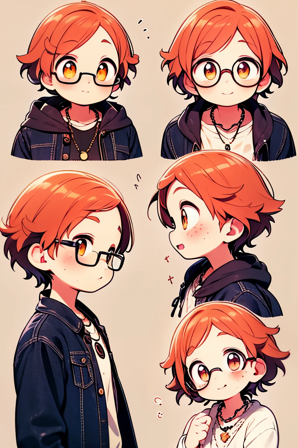 4 different guy perfect face expressions separated in one background , dark brown eyes , light jean jacket , cream shirt, black jeans , blush face, one black long necklace with a purple sphere, black convers, freckles on his face, smiling, big round transparent glasses, bright short guy orange hair