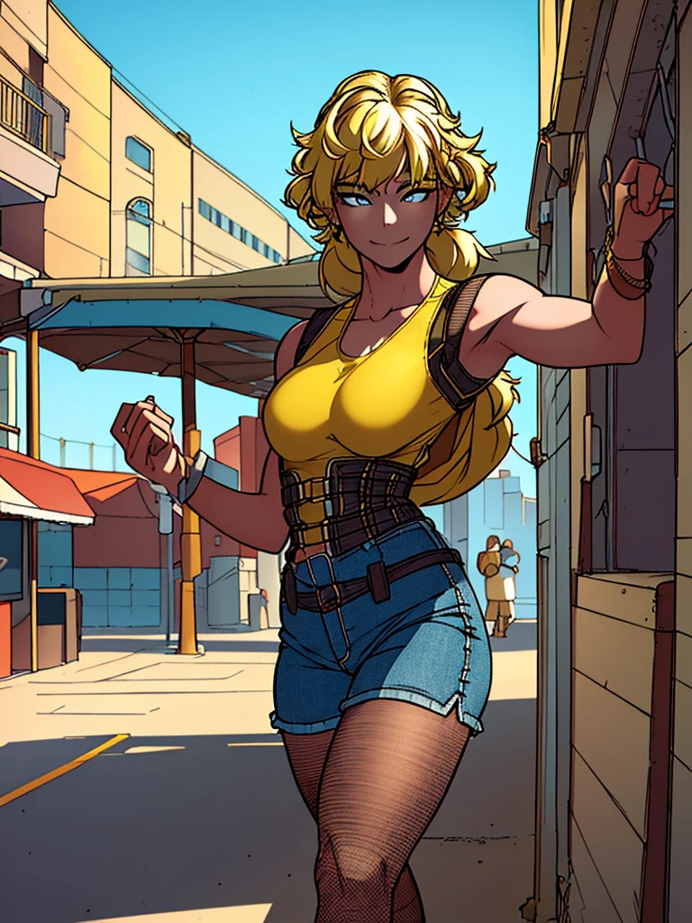 Just one girl,white skin,(glow up),Best quality, 4k, high resolution, body stuck dress, perfect smile, gorgeous, light skin, ahegao face, black eyes,(beautiful eyes),detail eyes, realastic eyes,  long hair , blonde hair (hair colour is blonde) ,straight hair, pony tail hair, wearing a short yellow tee  (top is yellow colour) and wearing short jean, short jean),and wearing skinny stalking pantyhose(fishnet stalking pantyhose), wearing leg harness (thigh harness),  clothes are stuck in body, bodyfit outfit,1 girl, solo, seductive look, elegance and charm, (masterpiece, best quality, high resolution), looking at the viewer, standing, (intricate and beautiful:1.2), (detailed light:1.2), (soft light, side light), (high resolution textures) , outdoor, white skin girl ,outdoor background, sun light, attractive, sexy, mature and hot, young,(masterpiece:1.3), (disorganized:1.3), (highest quality:1.3), perfect anatomy, detailed face, front view, perfect right hands, looking at viewer, (Super detailed:1.3), (best shadow:0.7), (treated hair), fine eyes, beautiful eyes, young aged woman, alone, standing, crystal earrings,closed_mouth, , outdoors, arrogant face, small ,outfit detail,
Correct outfut details,thick thighs,