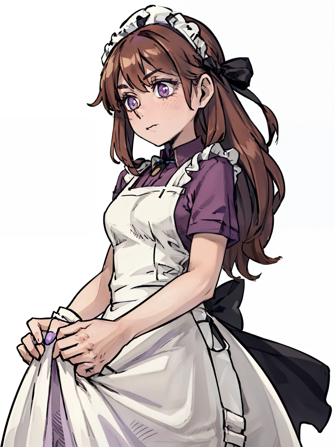 ((A woman，Long light brown hair，White apron，Purple shirt)),Small black bow，front,Half Body,dignified，White background