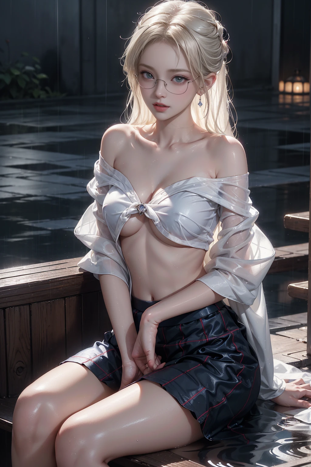 (RAW shooting, Photorealistic:1.5, 8k, Highest quality, masterpiece, Ultra-high resolution), Perfect dynamic composition:1.2, Night Street Corner, Looking up at the sky:1.3, (((Heavy rain from a typhoon))), Highly detailed skin and facial textures:1. 2, A slim high school girl wet with rain:1.3, Sexy beauty, Perfect Style:1.2, Aesthetic and beautiful, Fair skin, Very beautiful face, (Rain dripping all over my body:1. 2, Wet Hair:1.4, Wet Hair:1. 2)、Water droplets on the skin、(Medium chest、Chest gap)、(Shy laugh、The expression when feeling intense caressing、Facial expression when feeling pleasure)、(Beautiful blue eyes)、perfect body、Perfect fingertips(Girl sitting on train seat)、Highest quality works、Live-action work、Ultra Premium Graphics、8K HD CG Works、High Quality Graphics、High-definition CG works、10x pixels、Ultra-fine details:1. 1、Advanced technical details:1.1、Photorealistic、Indoor Lighting Effects:1.5、Natural light:1.5。Lighting Effects(Virtual Lighting Effects:1. 8),(Thin eyebrows),(High nose),(Clean red lips),(Rose Cheeks),(Subtle makeup face),(Girl),(Cute face),(Perfectly balanced face),(Light-toned foundation),(Enhances the clarity of the skin)((Off the shoulder、Translucent wet white blouse、loose red tie、Navy blue checked skirt)).( Wet light blue bra、Pink nipples)、Clothes with a lovely swirl pattern design、Iris Heterochromatic Eyes、Silver Haired Girl、Off the shoulder wallpaper HD、((Nipples))、(Puffy eyes:1. 2)、(Thin legs)、(Light on face and chest)、((((underboob))))、underboob、Oily skin、Skinny、(the underside of the chest is slightly visible)、 (I can see the underboob、Belly button and ribs visible)、The hips and lower abdomen are visible、
40k, photograph, On the table, Highest quality, Rain Background, ((Light Hair Girl, She has a beautiful face and、Wear glasses,