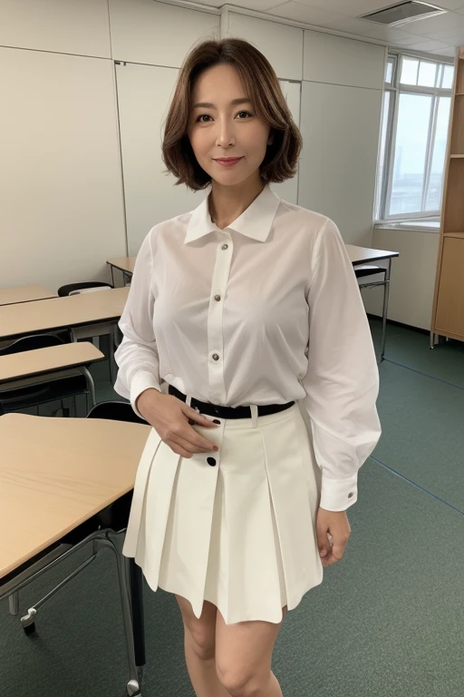 High resolution, High-level image quality, High definition, masterpiece, 8k, Anatomically correct, Professional Lighting, sharp, 
Next to a desk in a school classroom, 
((Japanese Mature, 90 years old)), One person,, Shapely big breasts, Soft, light brown hair with a straight perm that reaches down to the shoulders, Chubby body type, Mouth closed and serious face, 
(((Standing upright and looking at the viewer))), 
(White shirt with transparent collar and buttons for summer, White Skirt, ), 
Beautiful shins, ((Composition from knee to head))
