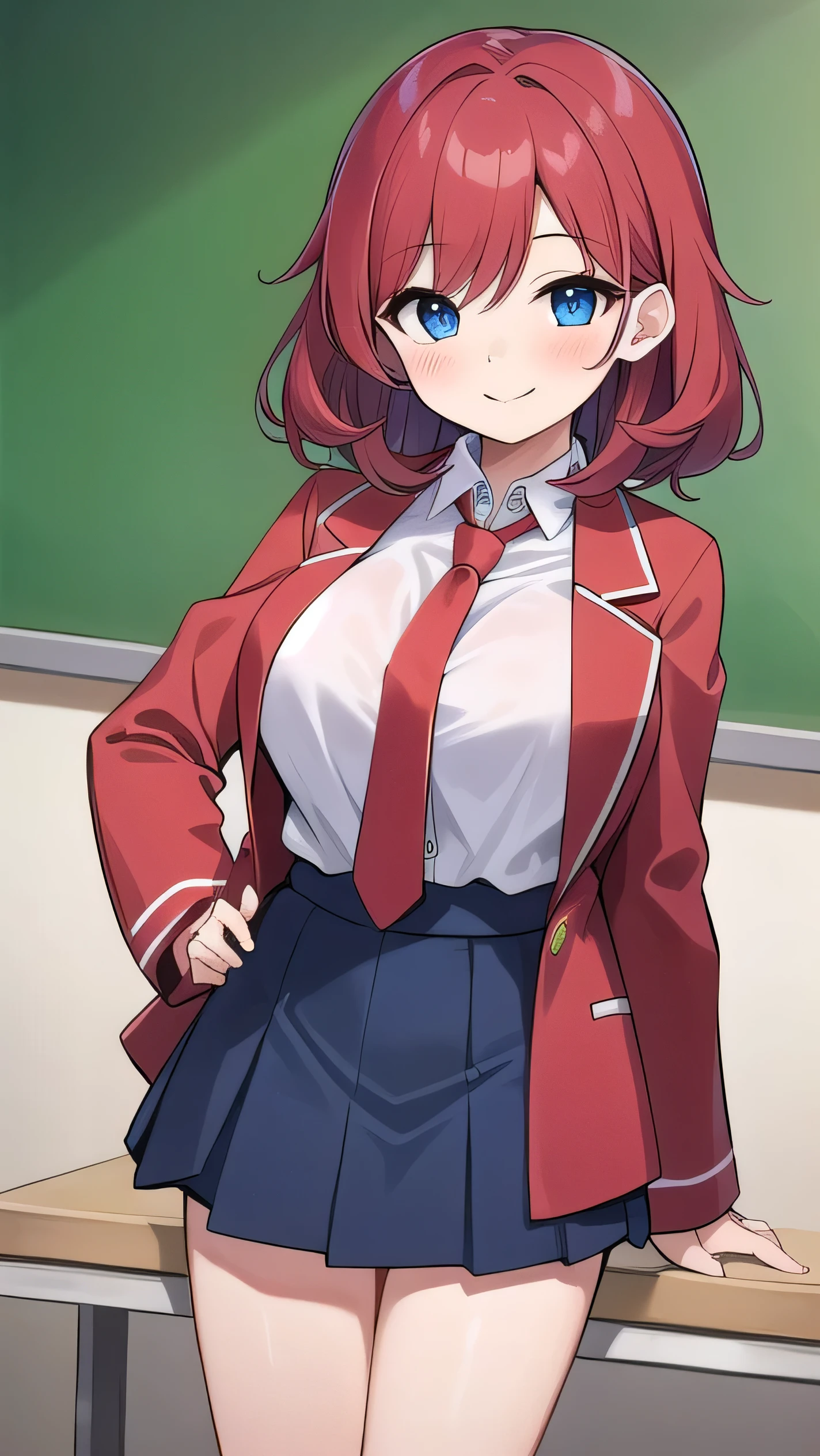 Big breasts, red hair, blue eyes, droopy eyes, red jacket, long sleeves, navy skirt, elementary school student, (super big breasts:1.1), (medium hair: 1.2), baggy clothes, elementary school student, young face, short height, 10 years old, old, shy A shy guy, smiling a little, trying to open the buttons of his shirt, white shirt, red tie，(straight hair:1.2) , gentle smile, a little smile