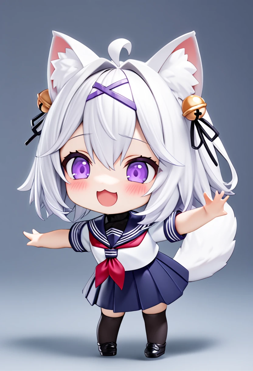 master piece, best quality, ultra-detailed, illustration, 1girl, solo, chibi, (big head), cute pose, front view, Filiansailor, ((purple hairclip)), hair bell white hair, short hair, cat ears, ahoge, purple eyes, blush, laughing, fluffy tail, serafuku, black turtleneck, short sleeve, red neckerchief, blue skirt, black stockings, black shoes, nendoroid, ((simple background)),