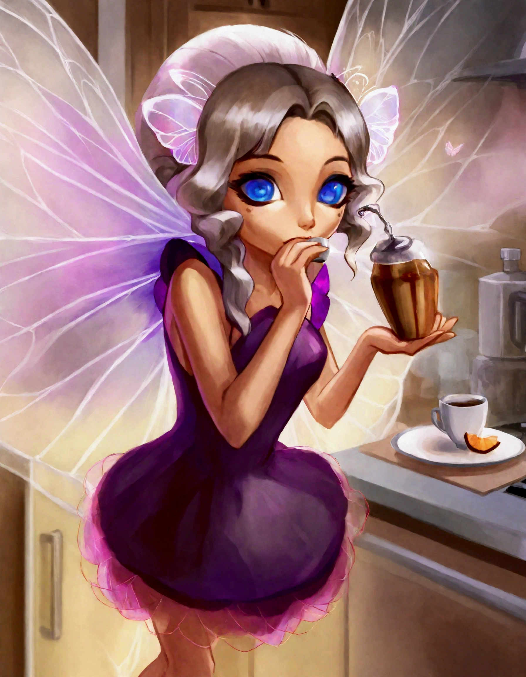 A cute fairy (crystalline butterfly wings, prismatic hair, large eyes, spider silk gown) is in the kitchen, she is taking a sip of coffee from a steaming hot cup, mischief in kitchen