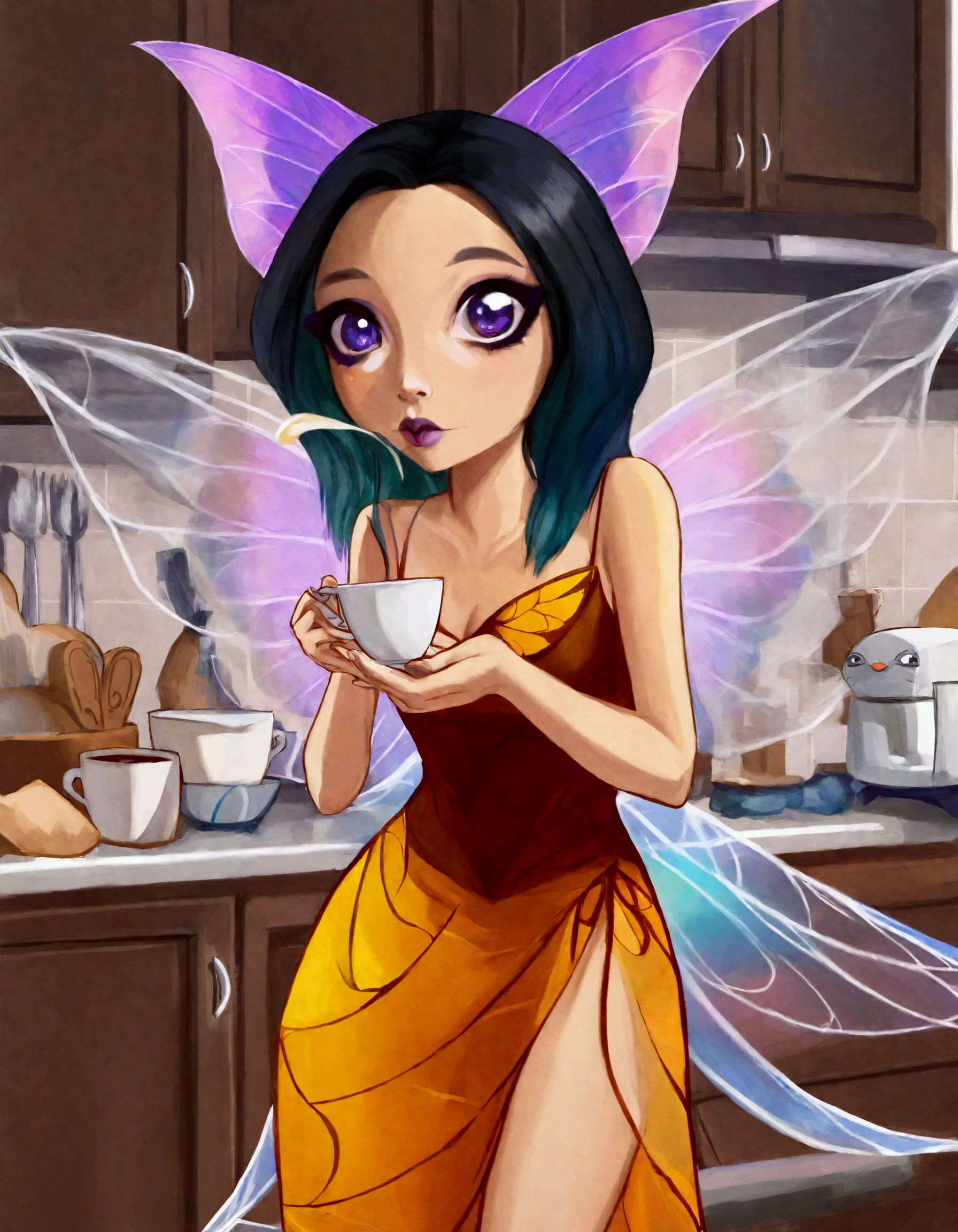 A cute fairy (crystalline butterfly wings, prismatic hair, large eyes, spider silk gown) is in the kitchen, she is taking a sip of coffee from a steaming hot cup, mischief in kitchen