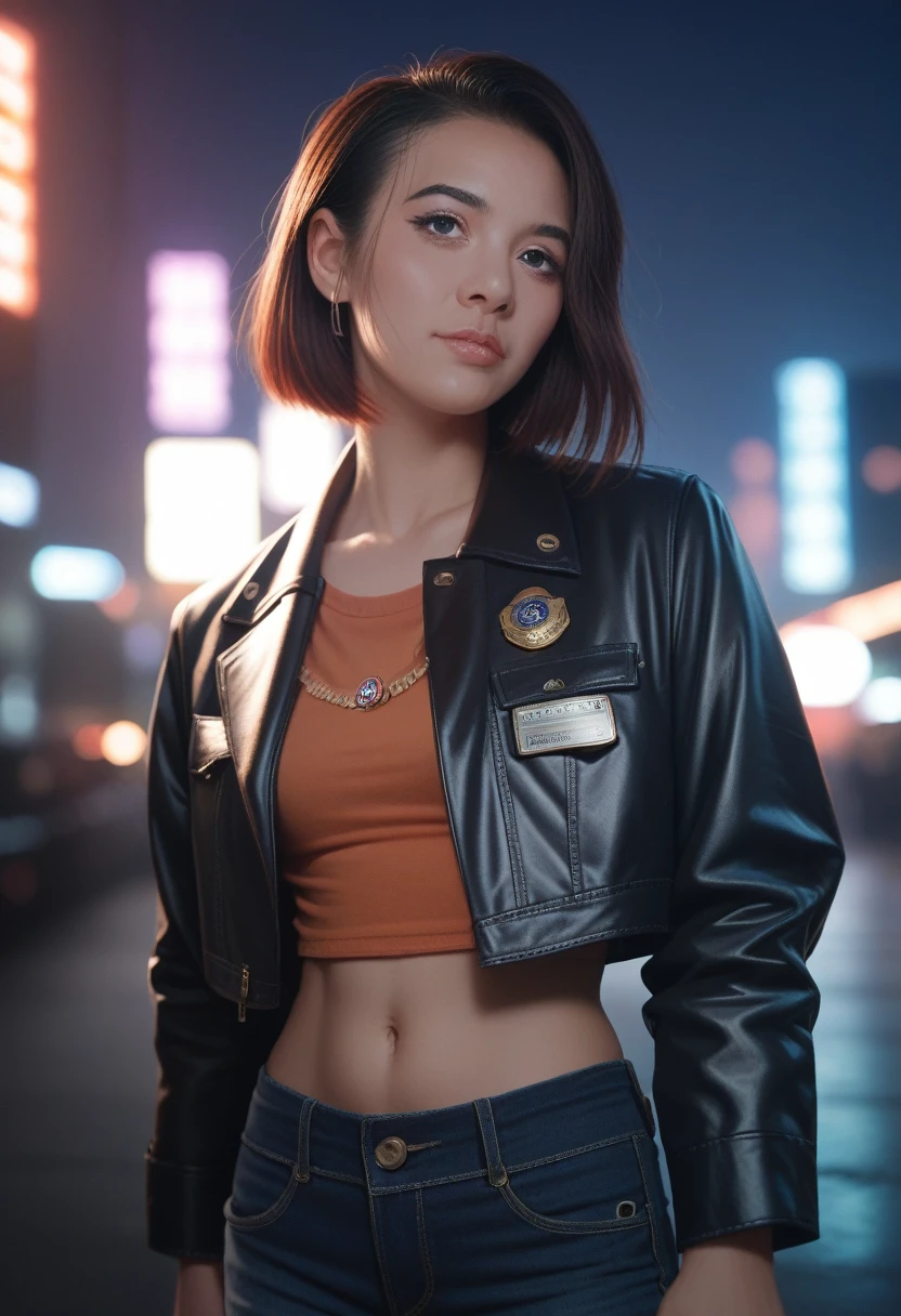 Portrait natlp as a beautiful female model, Georgia Fowler, Pretty Face, Dark Brown Short Hair, Cyberpunk city by night. She is wearing a leather jacket, Black jeans, Dramatic Lighting, (badge:1.2)