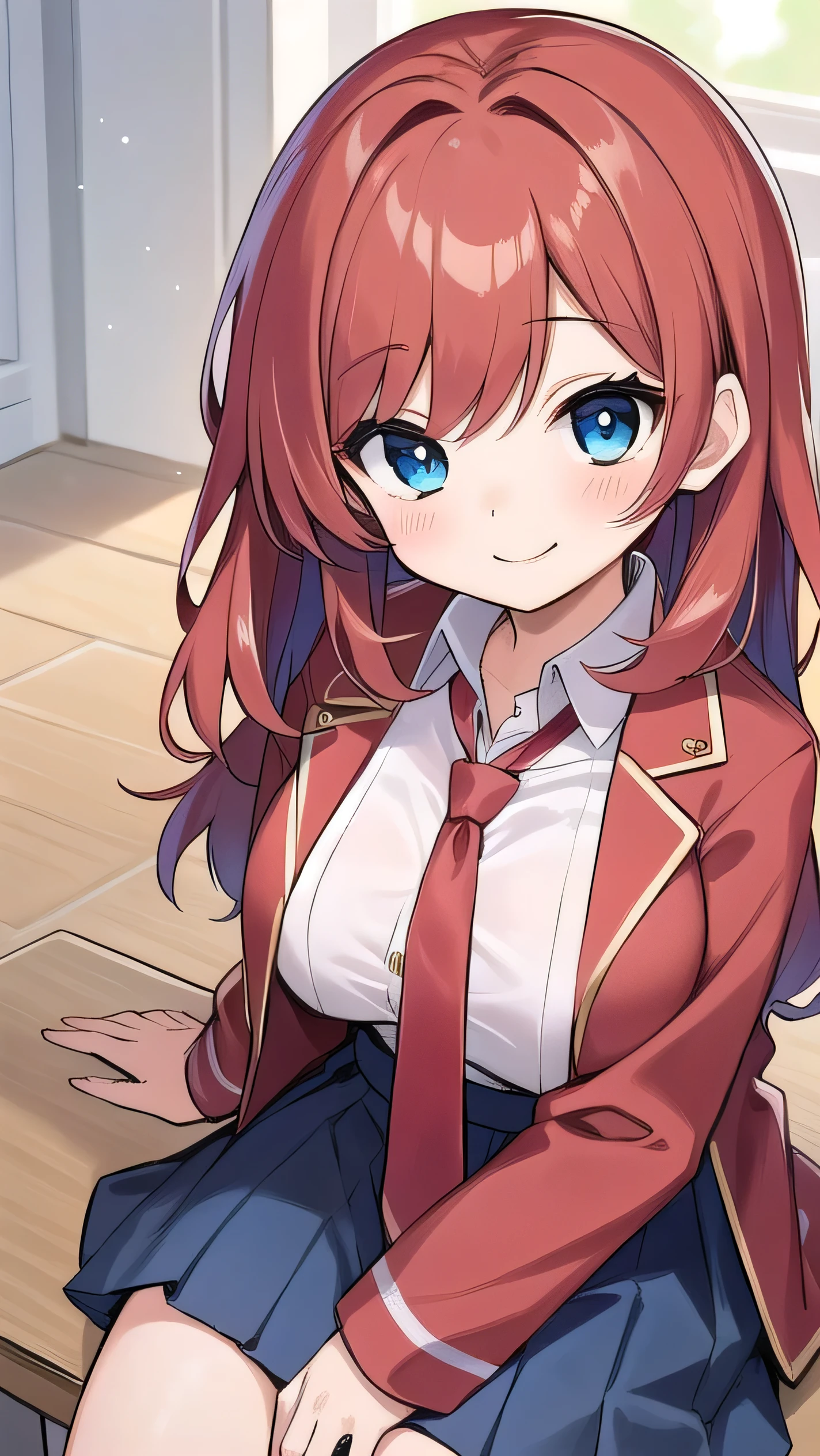 Big breasts, red hair, blue eyes, droopy eyes, red jacket, long sleeves, navy skirt, , (super big breasts:1.1), (medium hair: 1.2), baggy clothes, elementary school studentt, 10 years old, old, shy A shy guy, smiling a littleopen the buttoof his shirt, white shirt, red tie，(straight hair:1.2) , gentle smile, a little smile