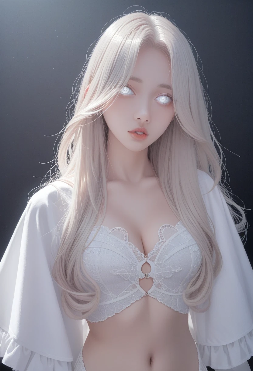 masterpiece, best quality, Nearly perfect, (Perfect face:1.1), (High Detail:1.1), dramatic, (1 person), Pale skin, (纯白色的Long hair:1.4), White eyes, Otto Seppalainen, Solitary, Long hair, White luxury suit, Cover the navel, Snob, Albinism, Luminous Studio graphics engine, Pursed lips, Devil magician, Volumetric Lighting, Delicate eyes, (8k wallpaper masterpiece), Ultra Detailed, Complex details, Pixel Perfect, Rose, Fashion, One side, Looking at the audience, Balenciaga style
