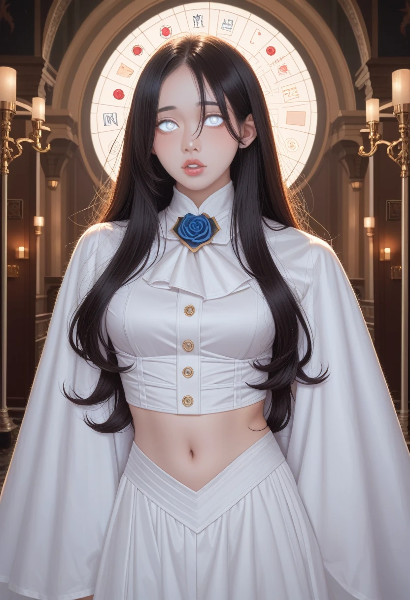 masterpiece, best quality, Nearly perfect, (Perfect face:1.1), (High Detail:1.1), dramatic, (1 person), Pale skin, (纯白色的Long hair:1.4), White eyes, Otto Seppalainen, Solitary, Long hair, White luxury suit, Cover the navel, Snob, Albinism, Luminous Studio graphics engine, Pursed lips, Devil magician, Volumetric Lighting, Delicate eyes, (8k wallpaper masterpiece), Ultra Detailed, Complex details, Pixel Perfect, Rose, Fashion, One side, Looking at the audience, Balenciaga style