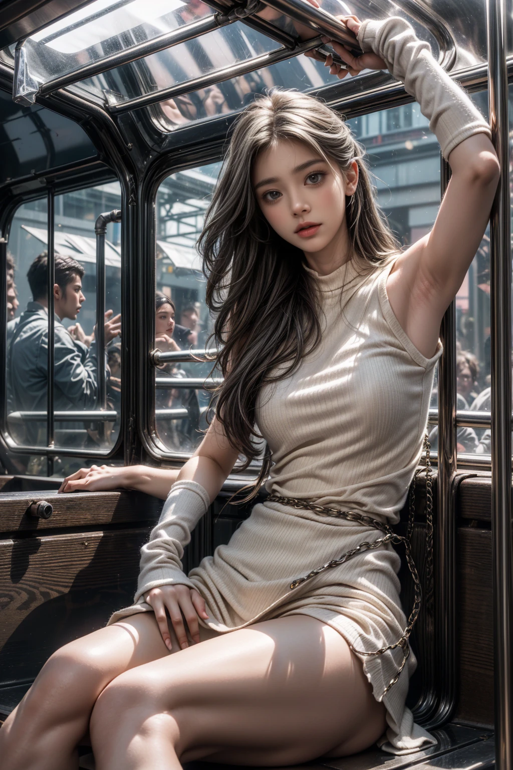 (Girl sitting on the deck of a pirate ship),photograph,Sharpness,Unique 850 4, Koda 850k Portrait Camera, F1. mm lens、Ultra-realistic texture、Spectacular light texture、((The left leg was restrained、Beautiful woman hanging from chains))、(Tears flow、Crying in pain)、His head is restrained by a chain hanging from the ceiling and handcuffs。 Long legs、Long hair blowing in the wind、Brown Hair、Torn Cyber Long Boots、Torn Cyber Gloves:1. 1)、((Horizontal bar: highest image quality、live-action、Ultra Premium Graphics、8K HD CG Works、High-quality graphics、High-definition CG works、10x pixels、Ultra-fine details:1.1、Advanced technical details:1.1 Photoreal、Indoor lighting effects:1.5、Natural light:1.5. Light Effects(バーチャルLight Effects:1.8),長いSilver Hair,Silver Hair,Transparent Hair,Hair with attention to detail(Premium Hair Detail:1. 1)Clear Eyes、Beautiful double eyelids、Sharp eye makeup、Delicate eyelash makeup、Thin eyebrows、Eye for detail、High nose、Clean red lips、Rose's Cheeks、Delicate makeup face、Cute Face、Perfectly balanced face、(Advanced Face Detail:1. 1),Top quality work,Actual work,
DeepL.featuring(Free version)Translated by。