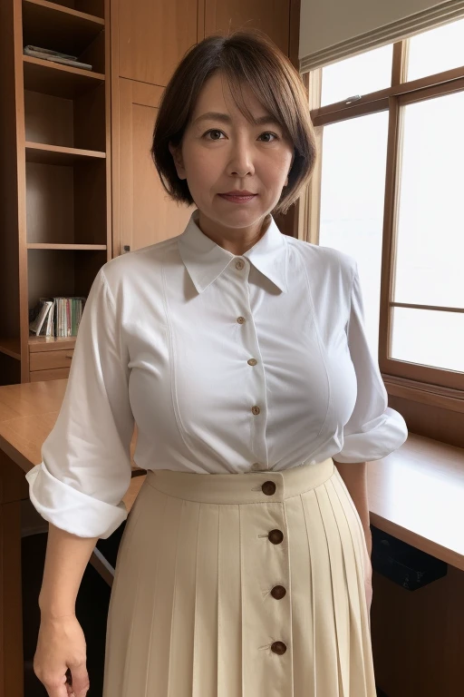 High resolution, High-level image quality, High definition, masterpiece, 8k, Anatomically correct, Professional Lighting, sharp,
Next to a desk in a school classroom,
((Japanese Mature, 90 years old)), One person,, Shapely big breasts, Straight, fluffy, light brown hair that reaches the shoulders, Chubby body type, Mouth closed and serious face,
(((Standing upright and looking at the viewer))),
(White shirt with transparent collar and buttons for summer, White Skirt, ),
Beautiful shins, ((Composition from knee to head))