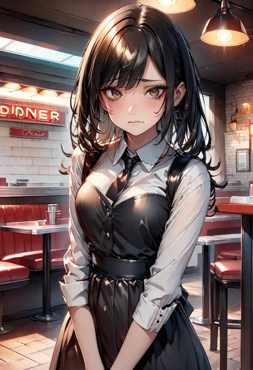 Illustration, 24 year old woman, medium black hair, brown eyes, pretty, tired, bruised eye, black eye, expressionless, waitress outfit, diner, standing, looking at viewer