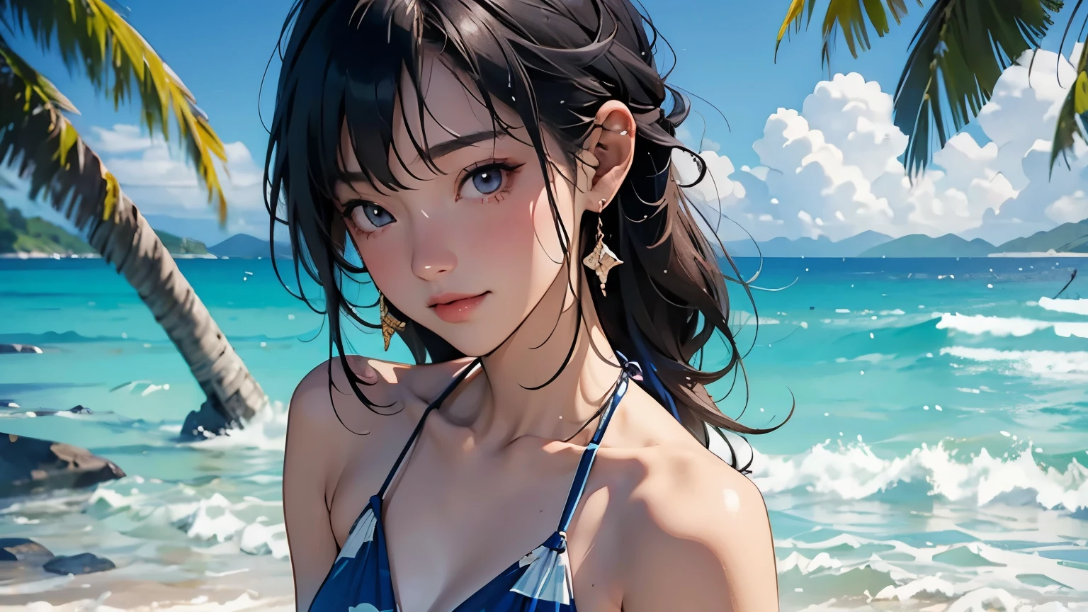 ((Highest quality, masterpiece, High resolution)), ((reality))、4K Digital Art、8K high quality, detailed art、((Anime Art))、wallpaper、Cinema Angle、(Very beautiful  girl)、Cute Face、 ((Detailed depiction of a beautiful face))、Smiling Kindly、young、Bikini Swimwear、Photorealistic perfect body、(A pareo with bold ethnic patterns and primary colors wrapped around the waist and skirt.)、particles of Light、Light、tropical、cinematic Light、Dark Background、soft Light、(No background)、On the sunny beach、With the sea in the background、Blur the background、